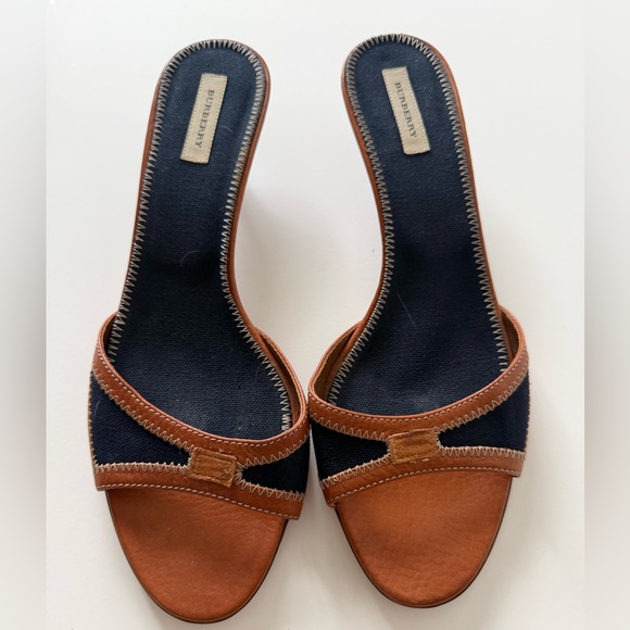 Burberry Navy and Brown Leather-Trim Slide Mules - Picture 3 of 6